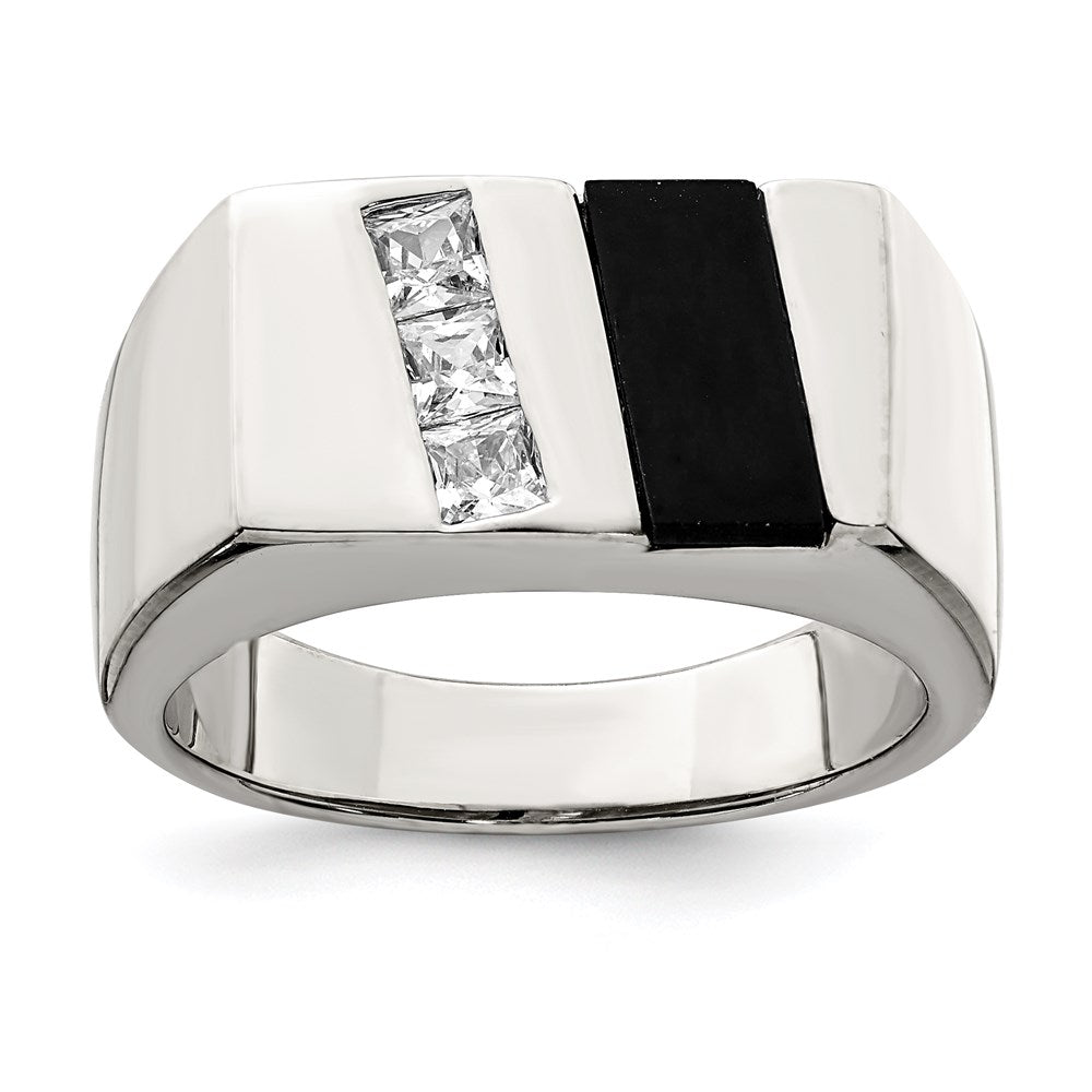 Sterling Silver Rhodium Plated Men'S Cz And Onyx Ring
