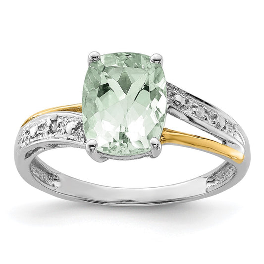 Sterling Silver Brilliant Gemstones With 14K Accent Rhodium Plated Green Quartz And Diamond Ring
