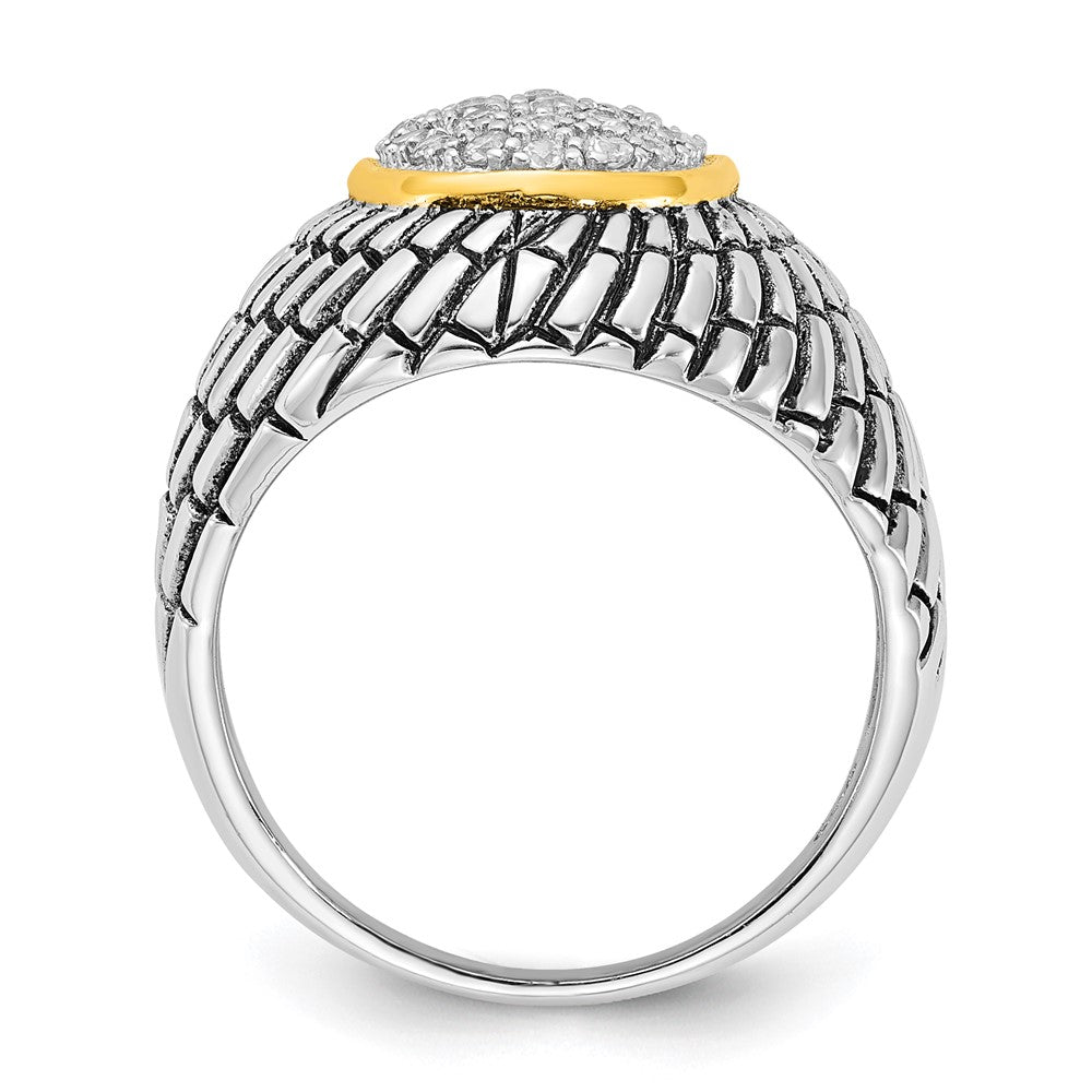 Sterling Silver Gold Tone Vermeil Polished & Antiqued Oval Cz Ring