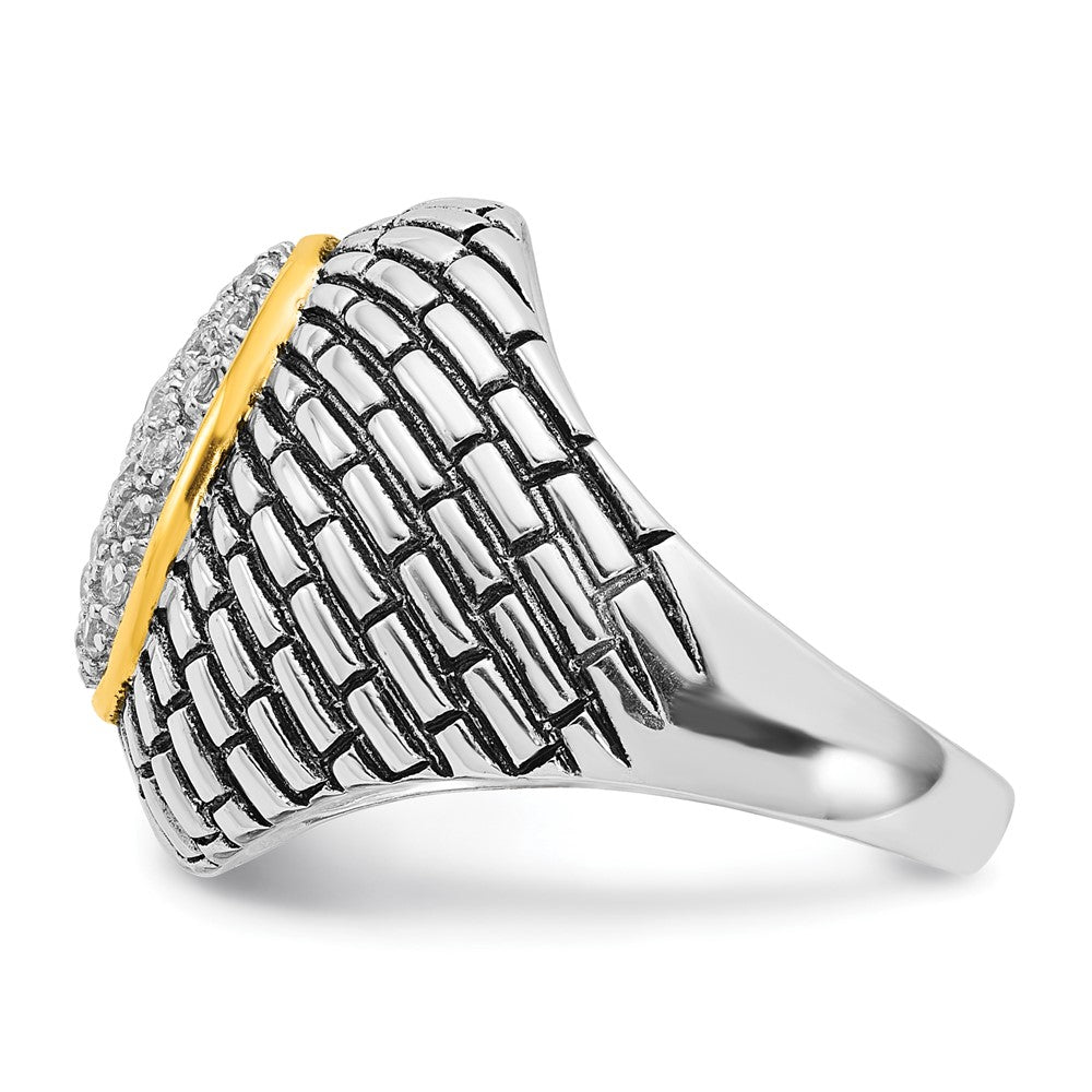 Sterling Silver Gold Tone Vermeil Polished & Antiqued Oval Cz Ring