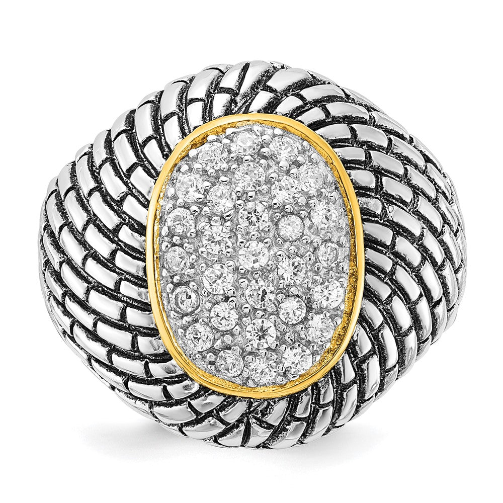 Sterling Silver Gold Tone Vermeil Polished & Antiqued Oval Cz Ring