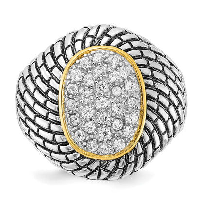 Sterling Silver Gold Tone Vermeil Polished & Antiqued Oval Cz Ring