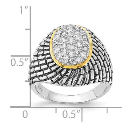 Sterling Silver Gold Tone Vermeil Polished & Antiqued Oval Cz Ring