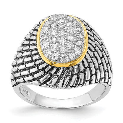 Sterling Silver Gold Tone Vermeil Polished & Antiqued Oval Cz Ring