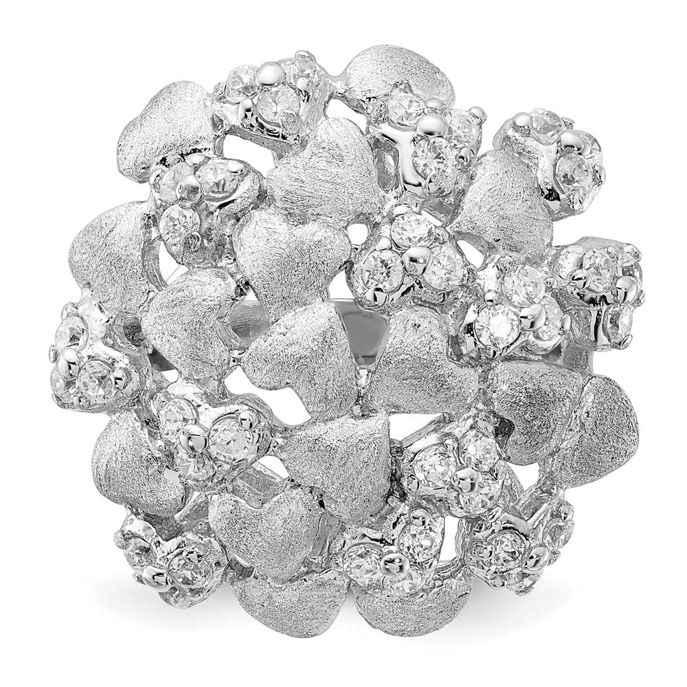 Sterling Silver Satin & Cz Hearts Ring