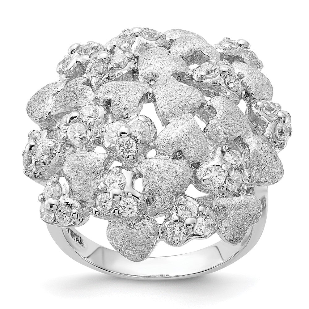 Sterling Silver Satin & Cz Hearts Ring