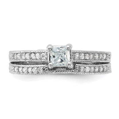 Sterling Silver Rhodium Plated 2 Piece Cz Wedding Set Ring (Size 6 Only)