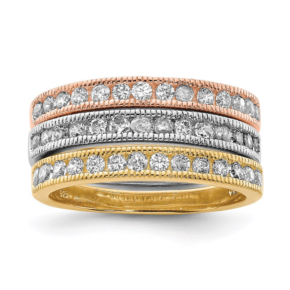 Sterling Silver Vermeil Polished Trio Cz Rings