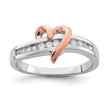 Sterling Silver Rhodium Plated Vermeil Polished Heart Cz Ring