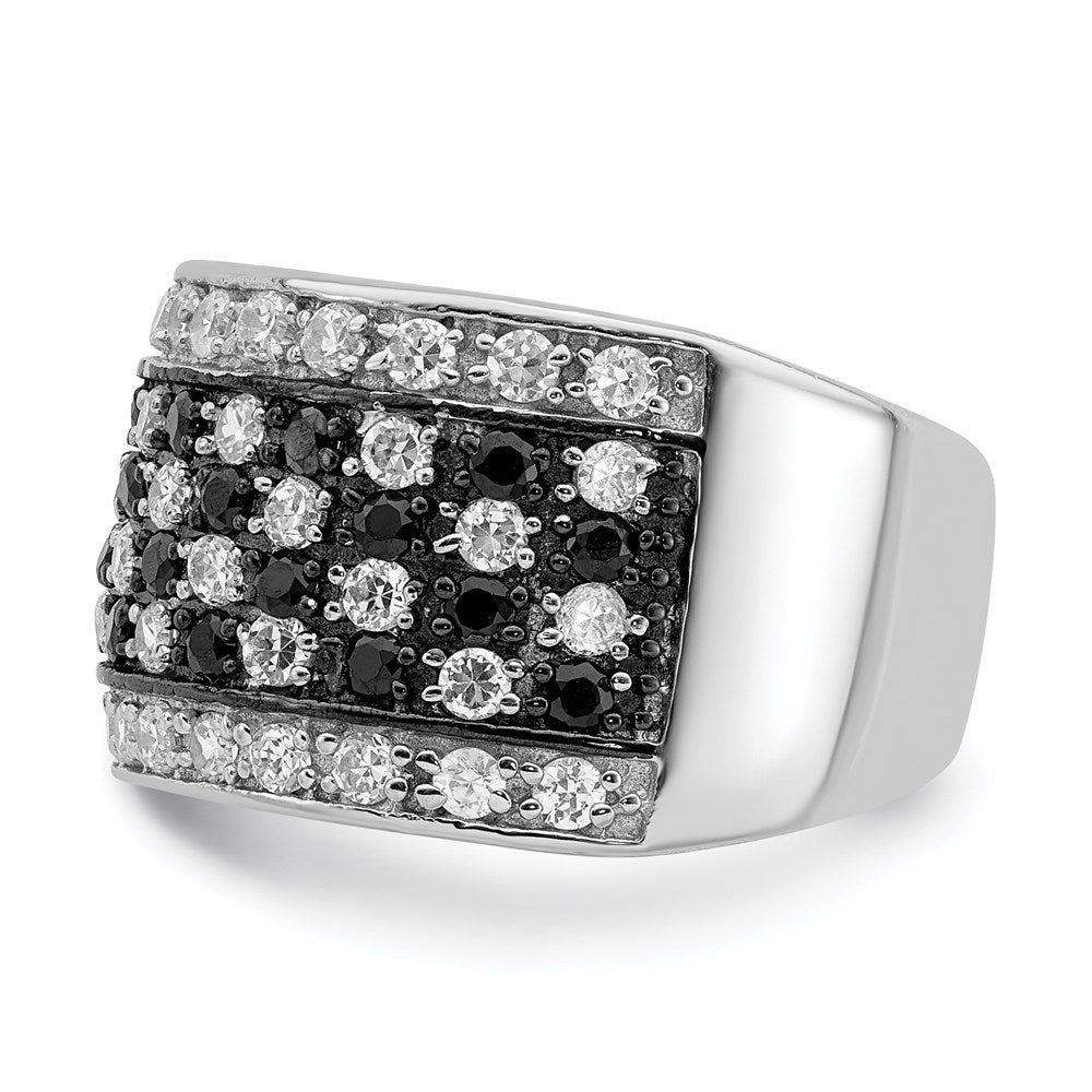 Sterling Silver Rhodium Black & White Cz Checkerboard Ring