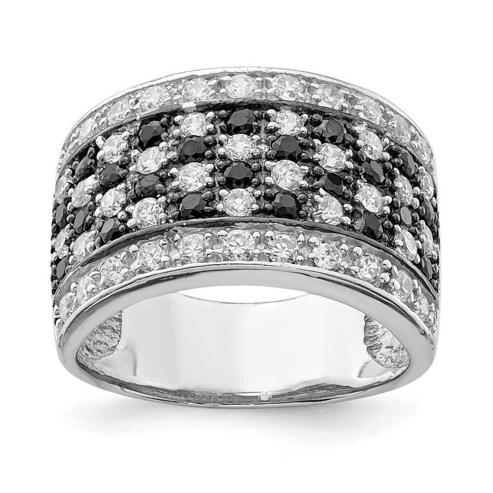 Sterling Silver Rhodium Black & White Cz Checkerboard Ring