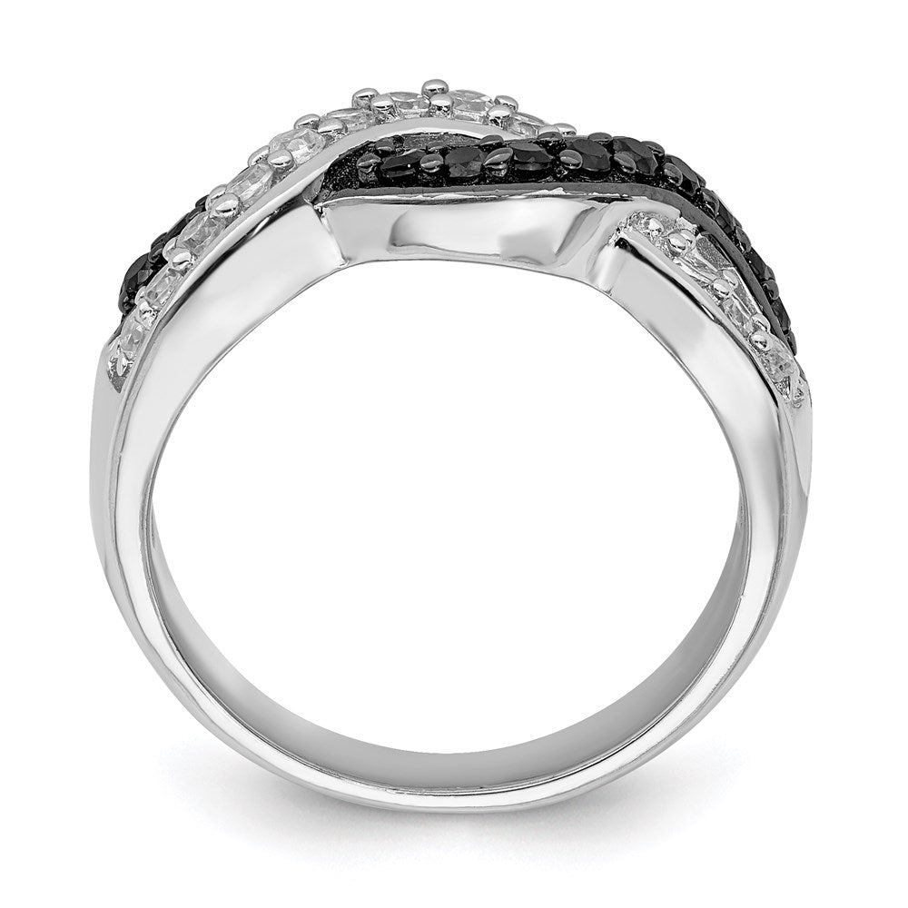Sterling Silver Rhodium Black And Clear Cz Wavy Ring