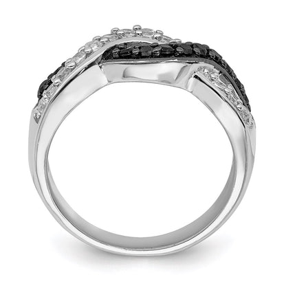 Sterling Silver Rhodium Black And Clear Cz Wavy Ring