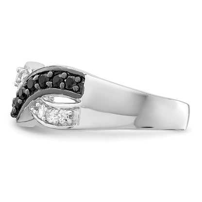 Sterling Silver Rhodium Black And Clear Cz Wavy Ring