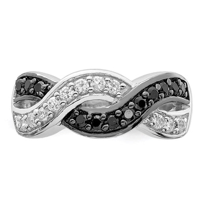 Sterling Silver Rhodium Black And Clear Cz Wavy Ring