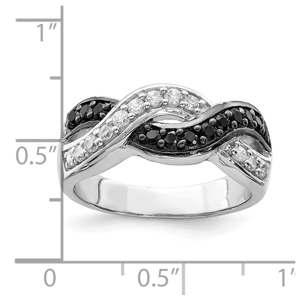 Sterling Silver Rhodium Black And Clear Cz Wavy Ring