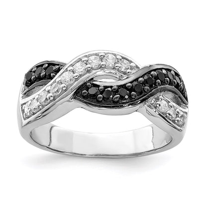 Sterling Silver Rhodium Black And Clear Cz Wavy Ring