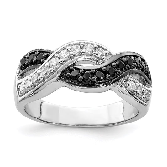 Sterling Silver Rhodium Black And Clear Cz Wavy Ring