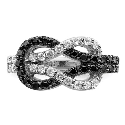 Sterling Silver Rhodium Black And Clear Cz Love Knot Ring