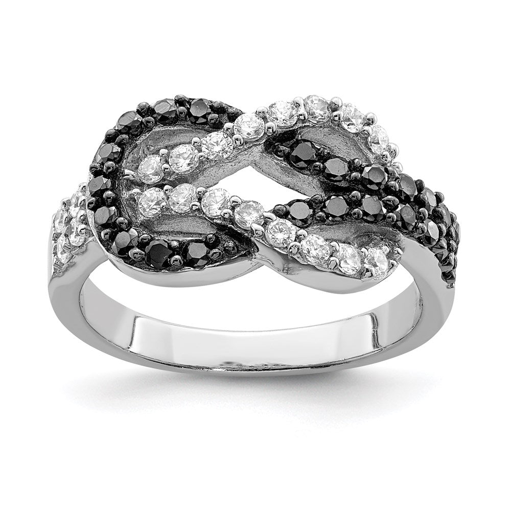 Sterling Silver Rhodium Black And Clear Cz Love Knot Ring