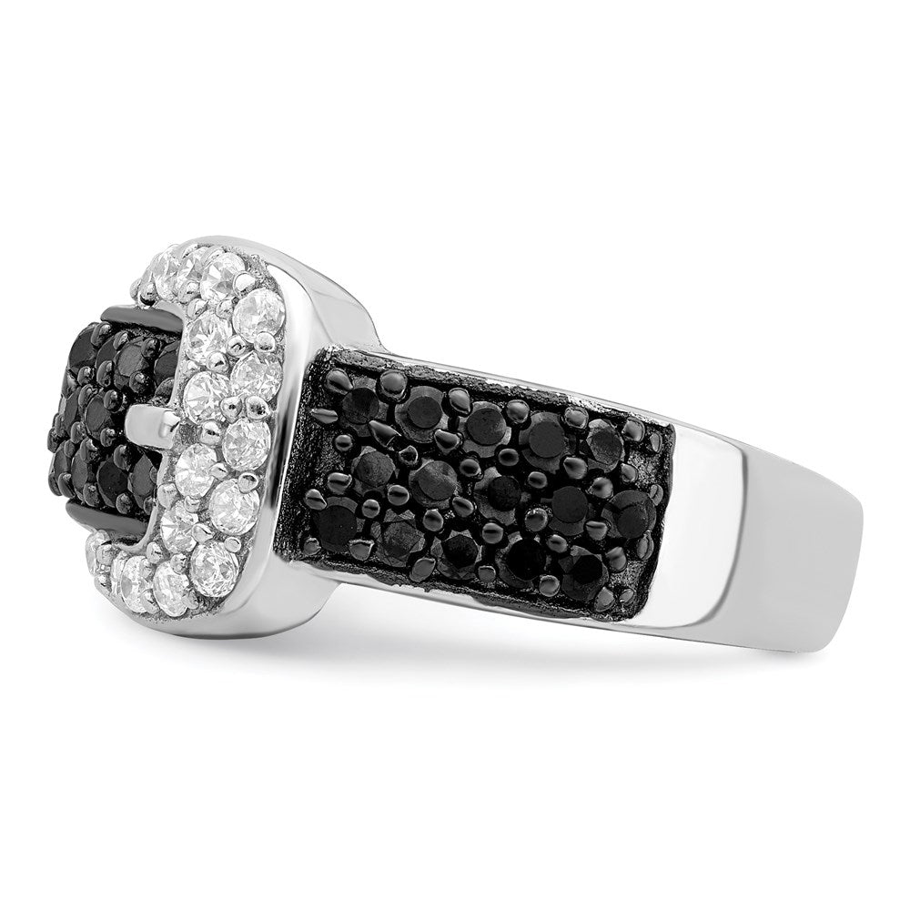 Sterling Silver Rhodium Black And Clear Cz Buckle Ring