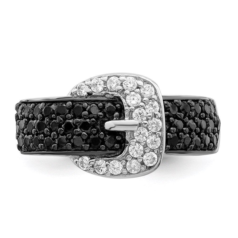 Sterling Silver Rhodium Black And Clear Cz Buckle Ring