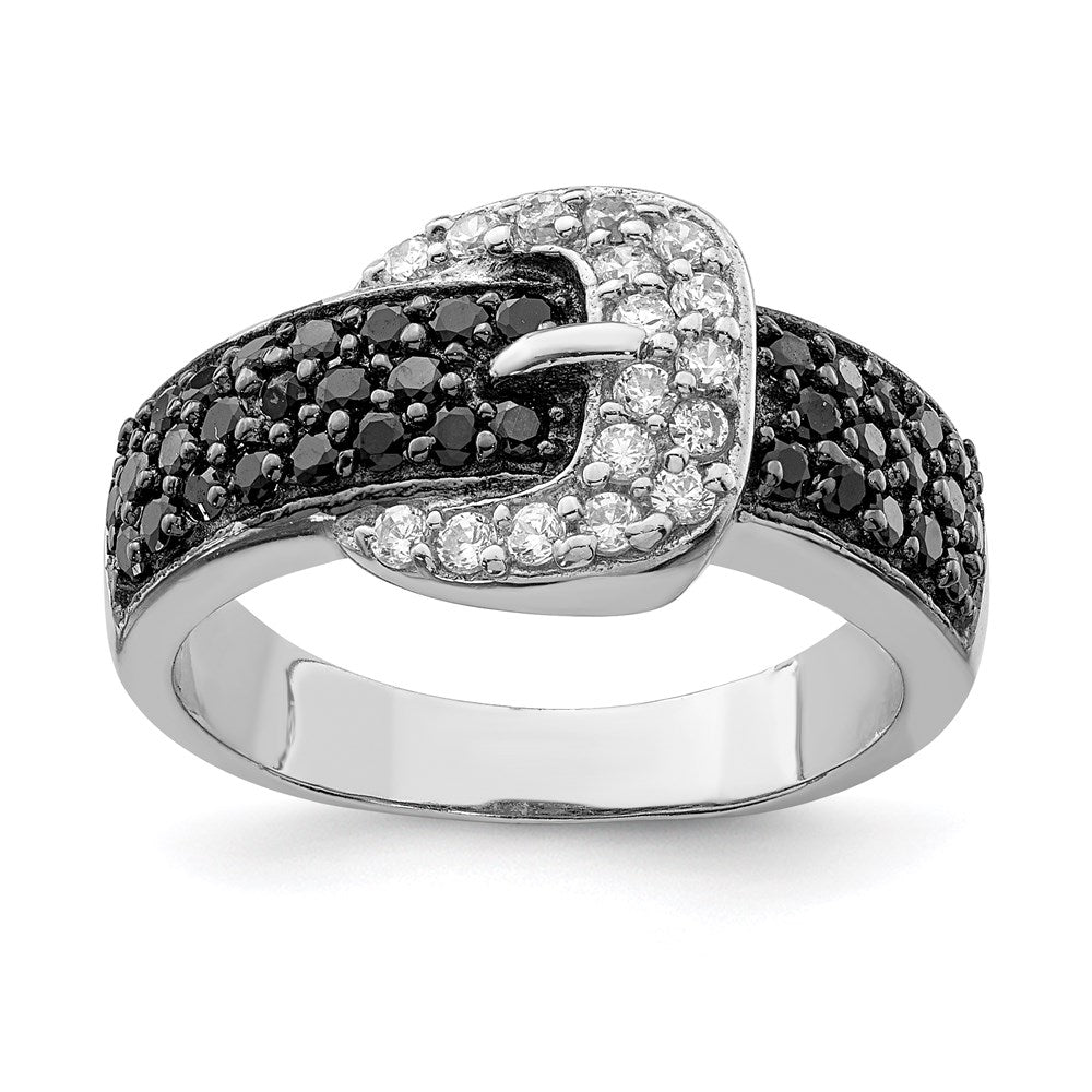 Sterling Silver Rhodium Black And Clear Cz Buckle Ring