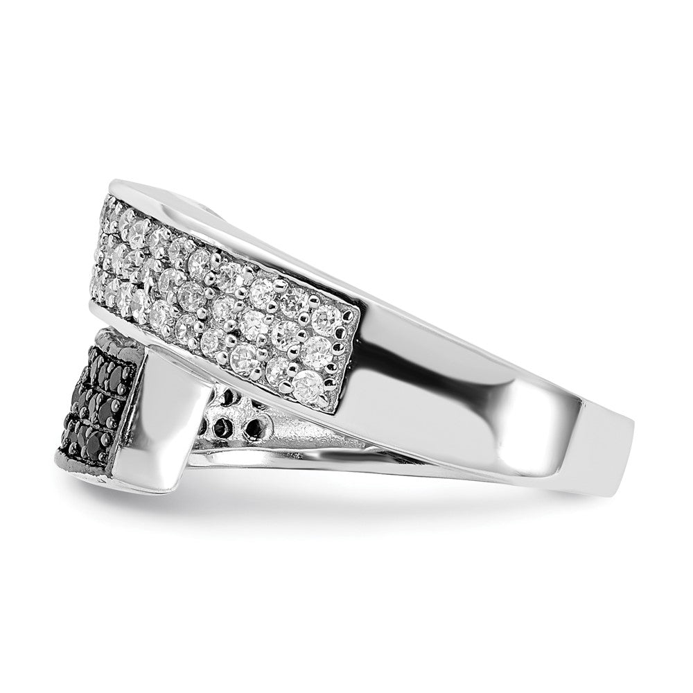 Sterling Silver Rhodium Black And Clear Cz Overlapping Ring