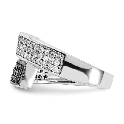 Sterling Silver Rhodium Black And Clear Cz Overlapping Ring