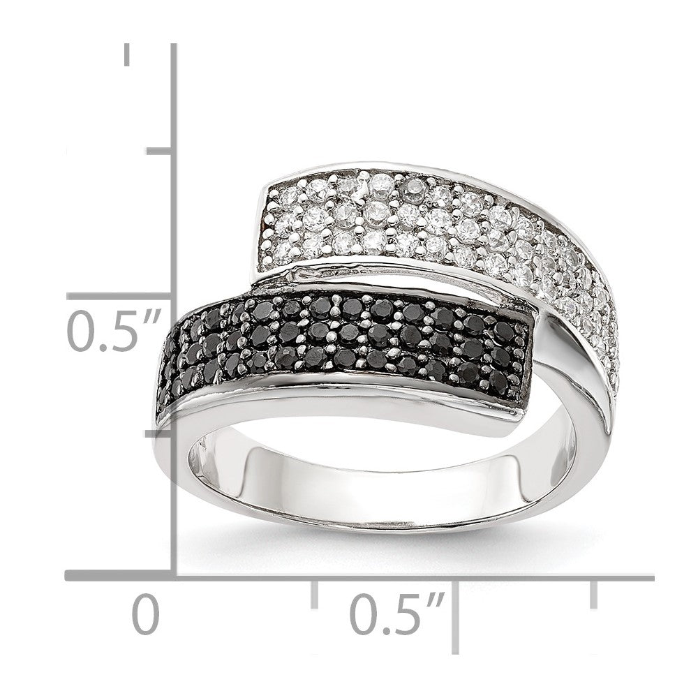Sterling Silver Rhodium Black And Clear Cz Overlapping Ring