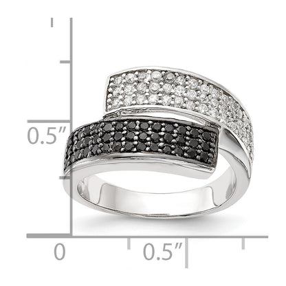 Sterling Silver Rhodium Black And Clear Cz Overlapping Ring
