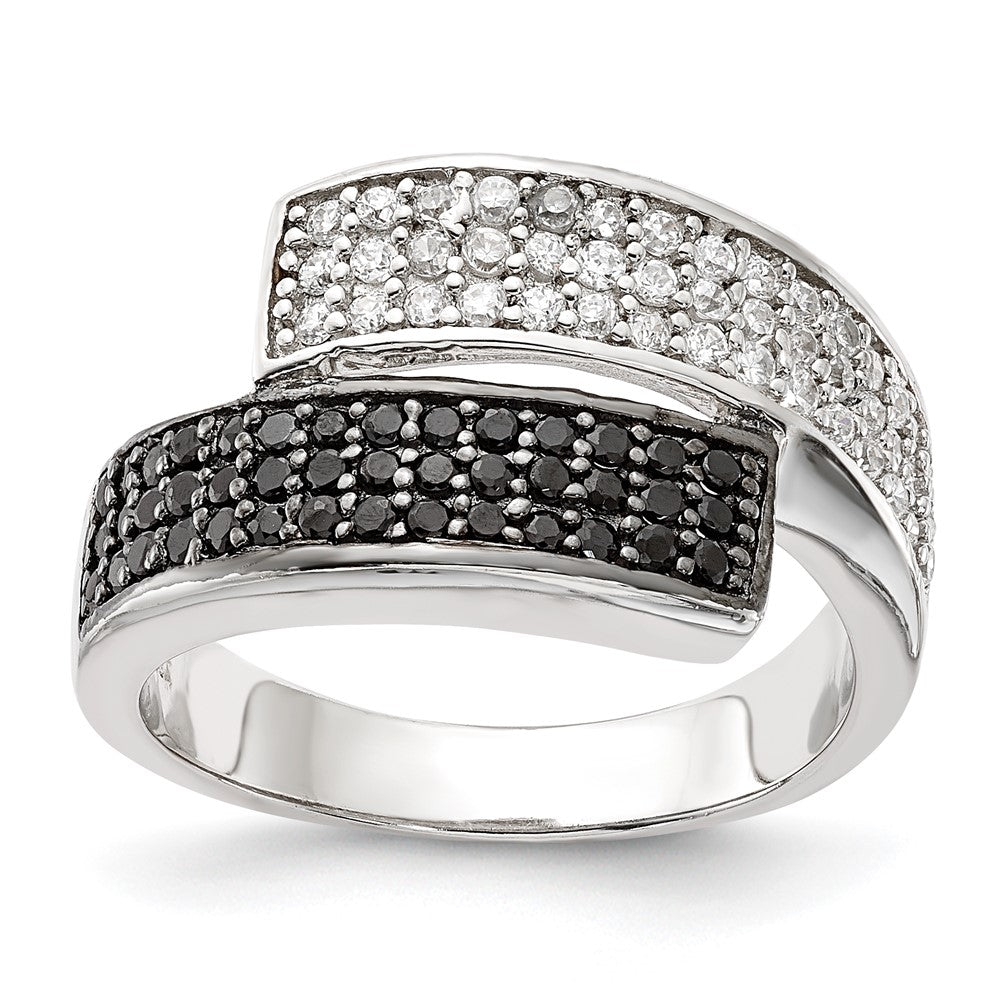 Sterling Silver Rhodium Black And Clear Cz Overlapping Ring