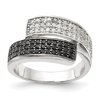Sterling Silver Rhodium Black And Clear Cz Overlapping Ring