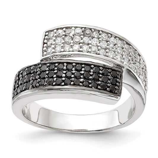 Sterling Silver Rhodium Black And Clear Cz Overlapping Ring