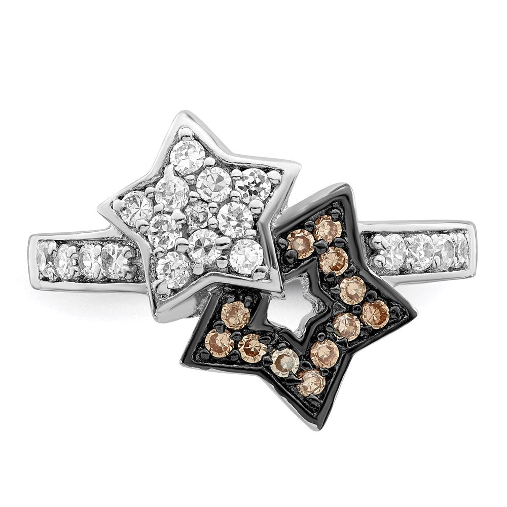 Sterling Silver Rhodium Clear & Champagne Cz Stars Ring