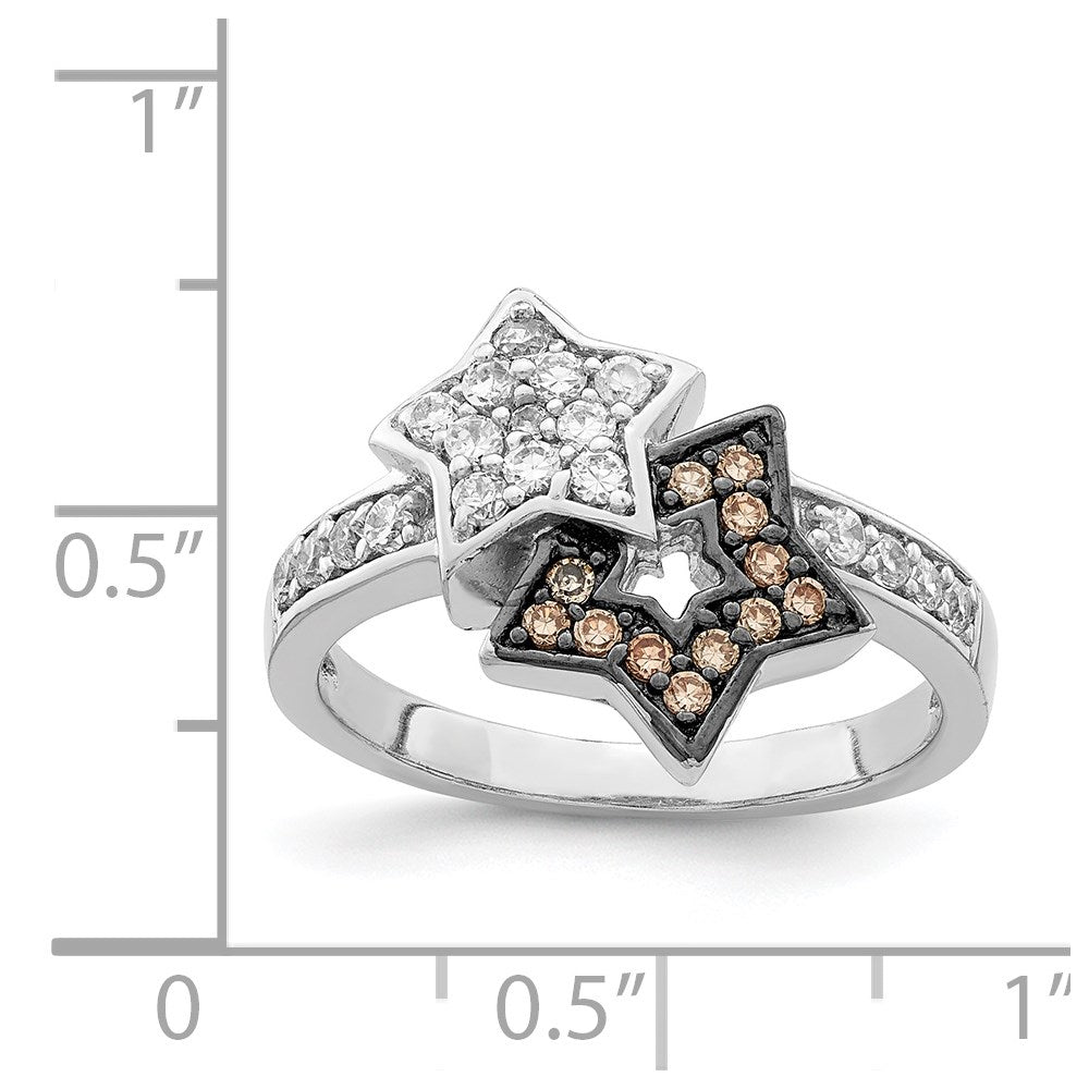 Sterling Silver Rhodium Clear & Champagne Cz Stars Ring