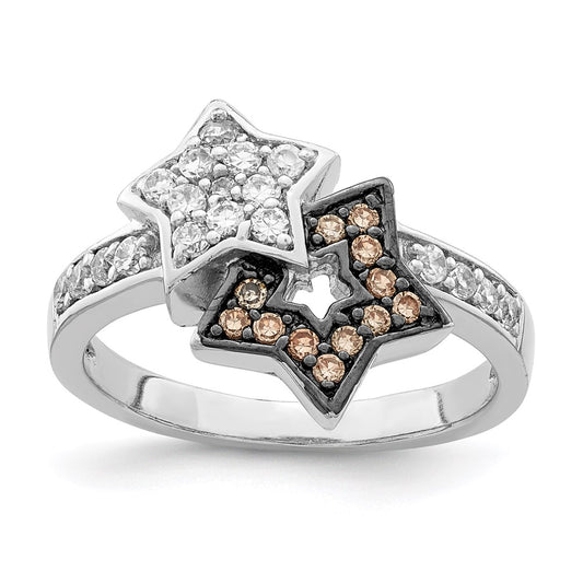 Sterling Silver Rhodium Clear & Champagne Cz Stars Ring
