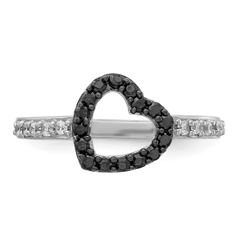 Sterling Silver Rhodium Black & White Cz Heart Ring