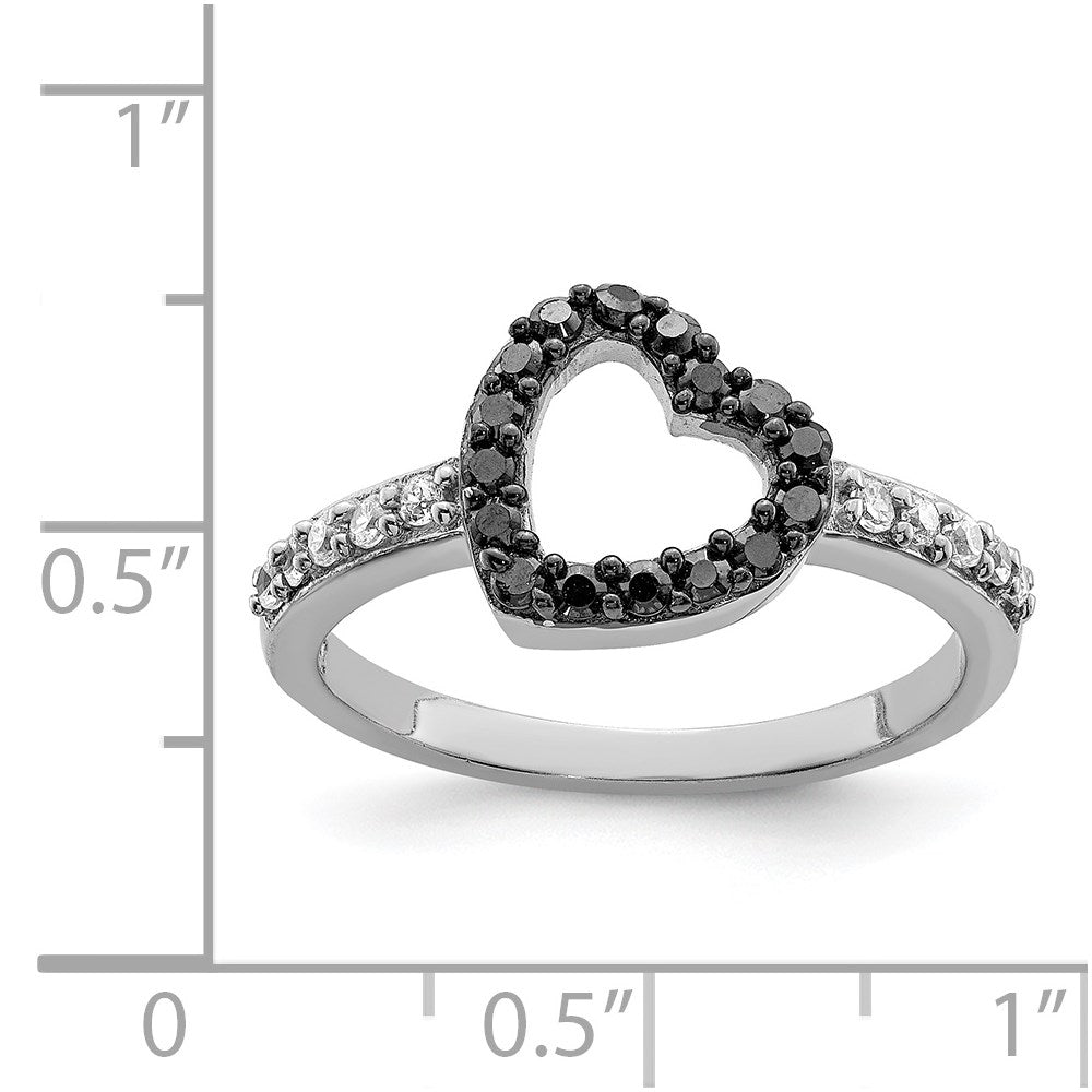 Sterling Silver Rhodium Black & White Cz Heart Ring