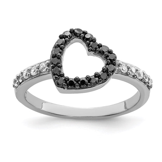 Sterling Silver Rhodium Black & White Cz Heart Ring