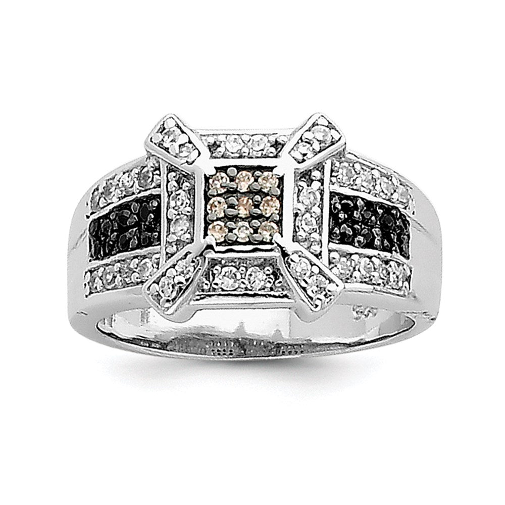 Sterling Silver Rhodium Champ/Black/White Cz Square Ring
