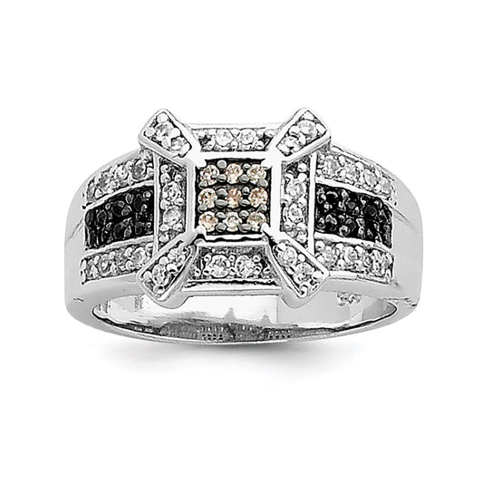 Sterling Silver Rhodium Champ/Black/White Cz Square Ring