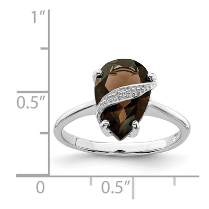 Sterling Silver Rhodium Pear Smoky Quartz & Diamond Ring