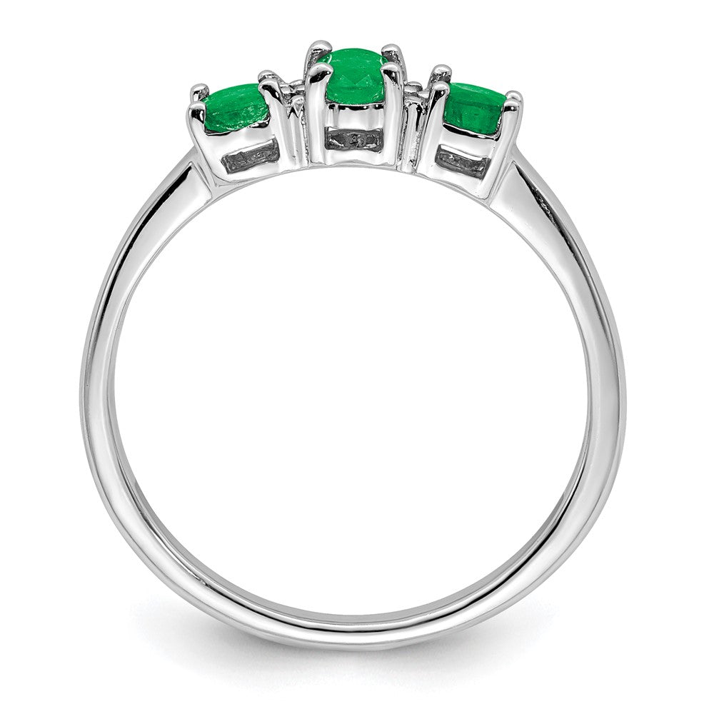 Sterling Silver Rhodium Plated Emerald 3 Stone And Diamond Ring