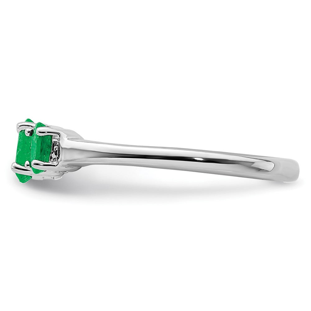 Sterling Silver Rhodium Plated Emerald 3 Stone And Diamond Ring