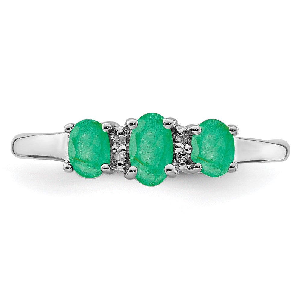 Sterling Silver Rhodium Plated Emerald 3 Stone And Diamond Ring