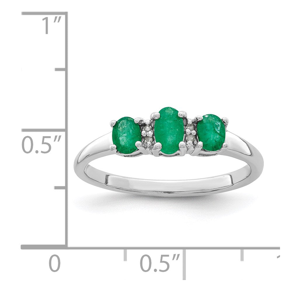 Sterling Silver Rhodium Plated Emerald 3 Stone And Diamond Ring