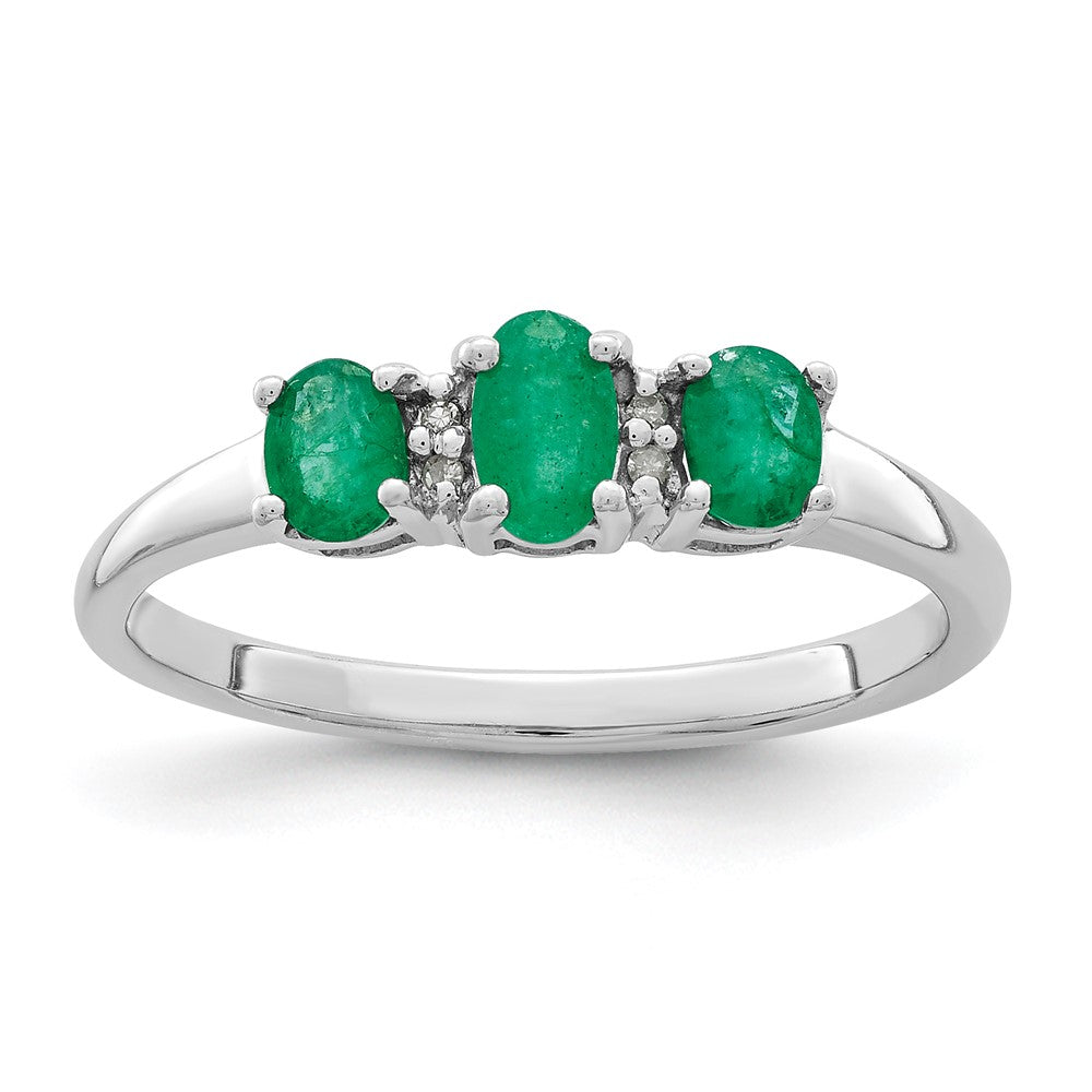 Sterling Silver Rhodium Plated Emerald 3 Stone And Diamond Ring