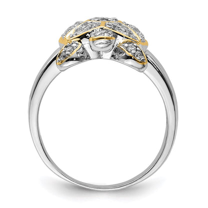 Sterling Silver Rhodium Plated Cz And Flash Gold Turtle Ring