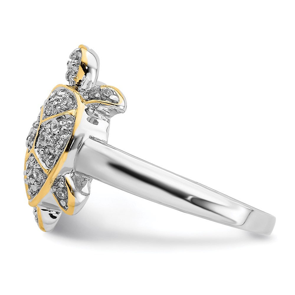 Sterling Silver Rhodium Plated Cz And Flash Gold Turtle Ring